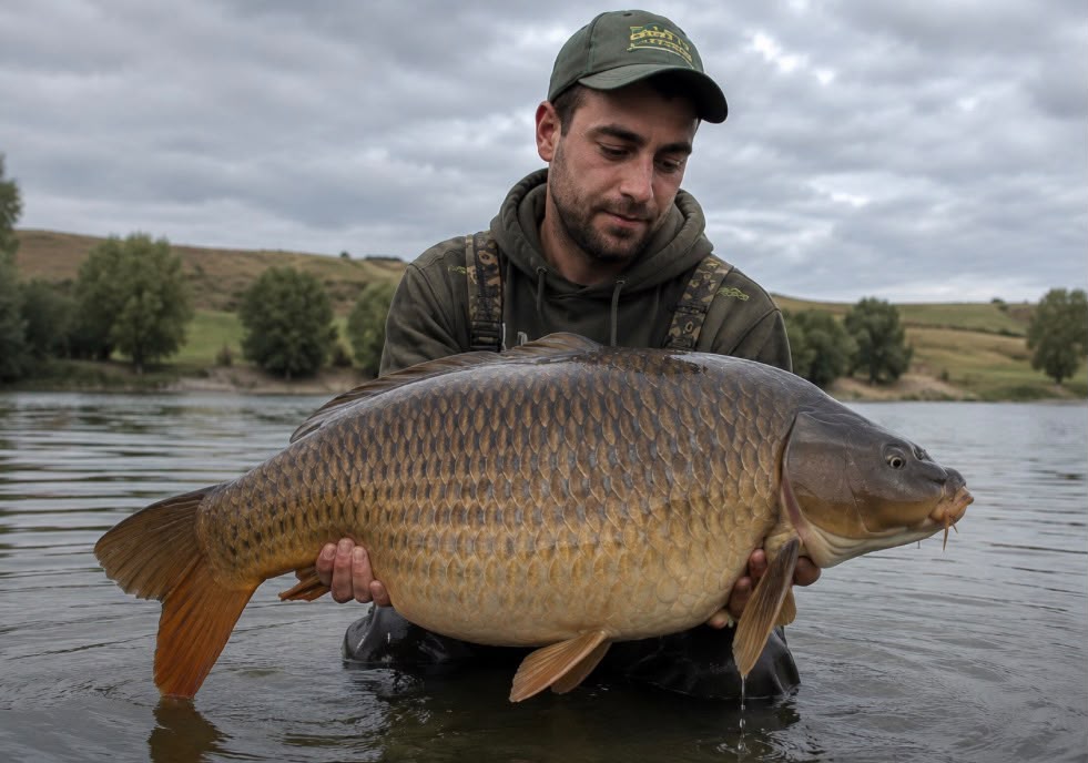 Angler with trophy carp at Lake Orellana