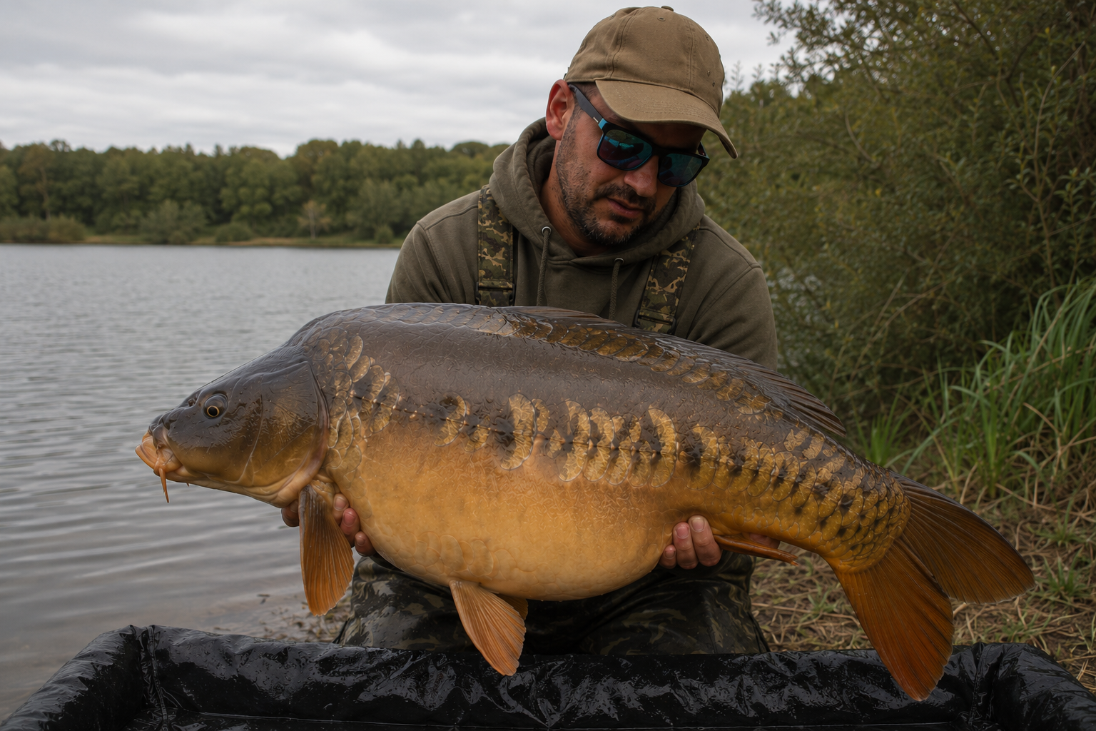 Angler with trophy mirror carp at Lake Orellana