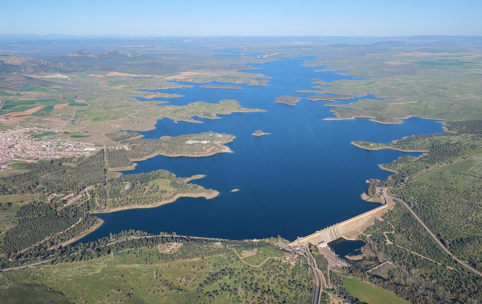 Aerial view of the Orellana reservoir and dam